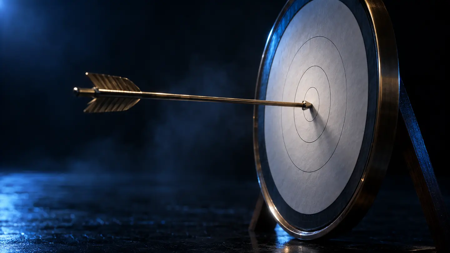 An arrow in the centre of a target in electric blue light.