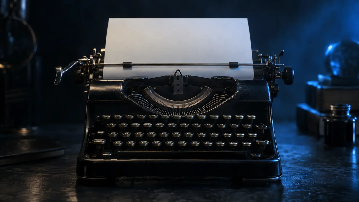 A vintage typewriter with blank paper in electric blue light.