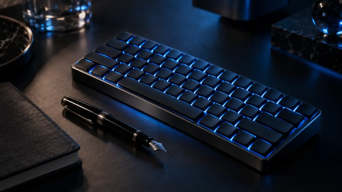 A fountain pen beside a compact keyboard in electric blue light.