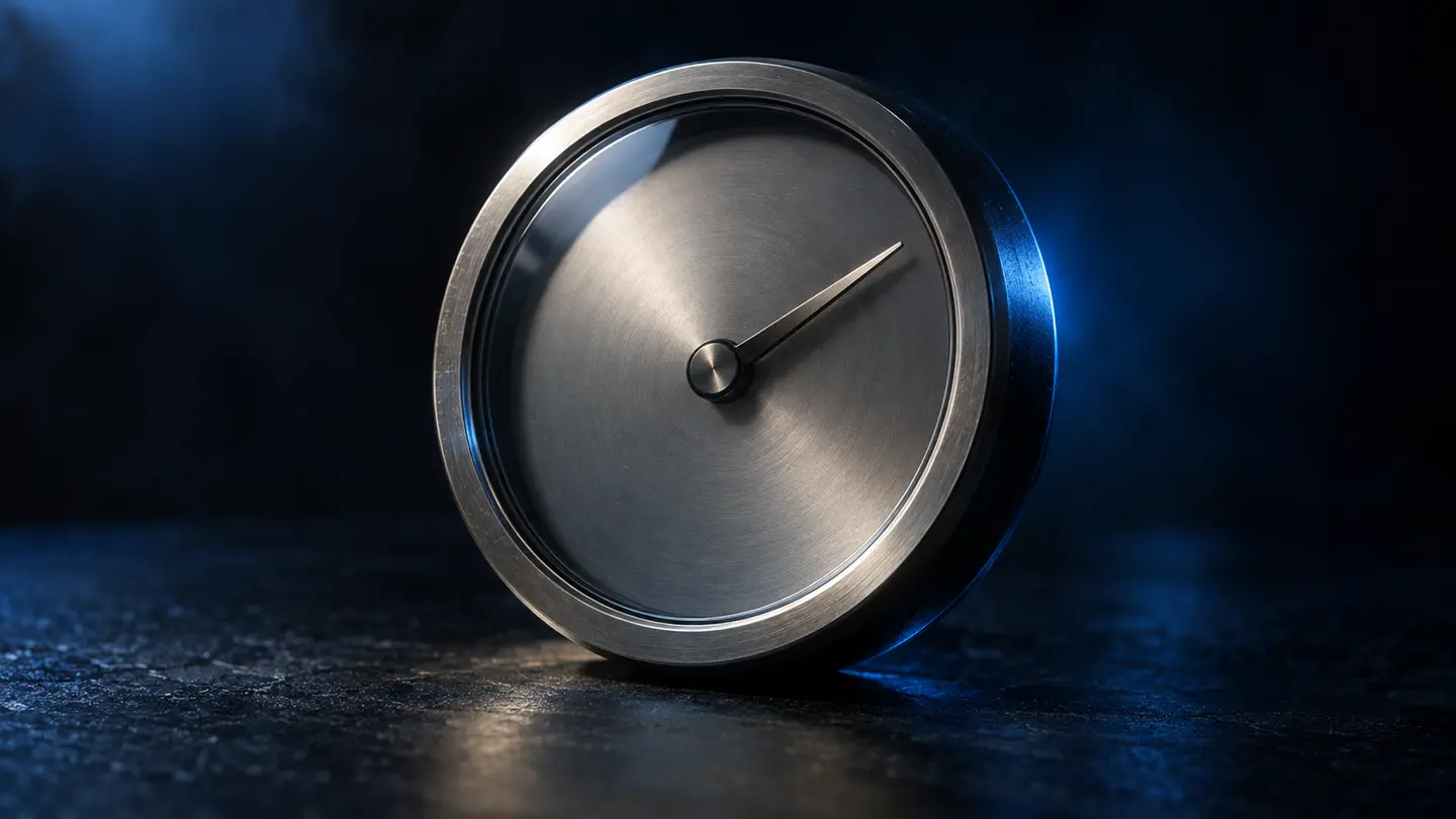 A gauge dial with a needle at three quarters in electric blue light.
