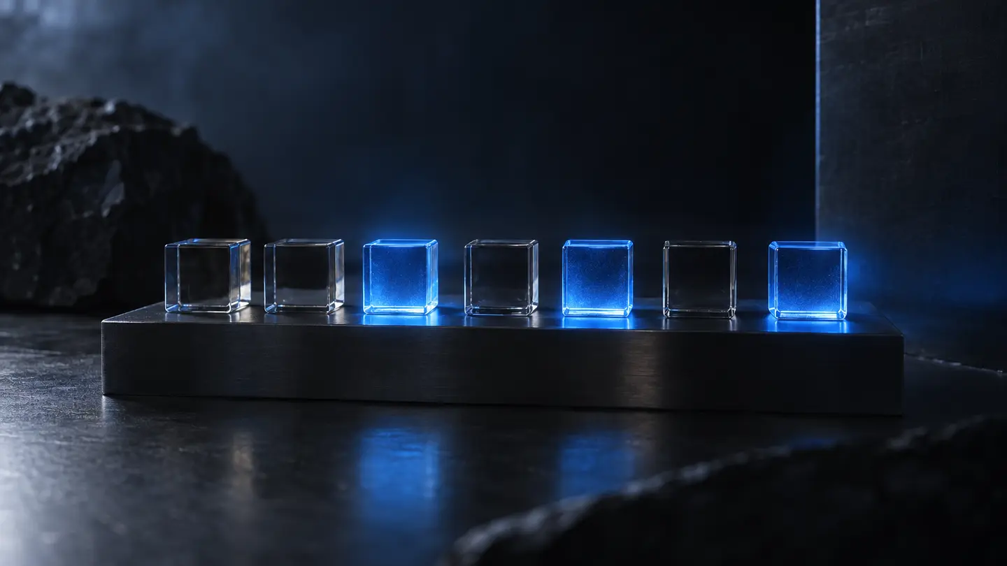 Seven glass cubes, three glowing in electric blue light.