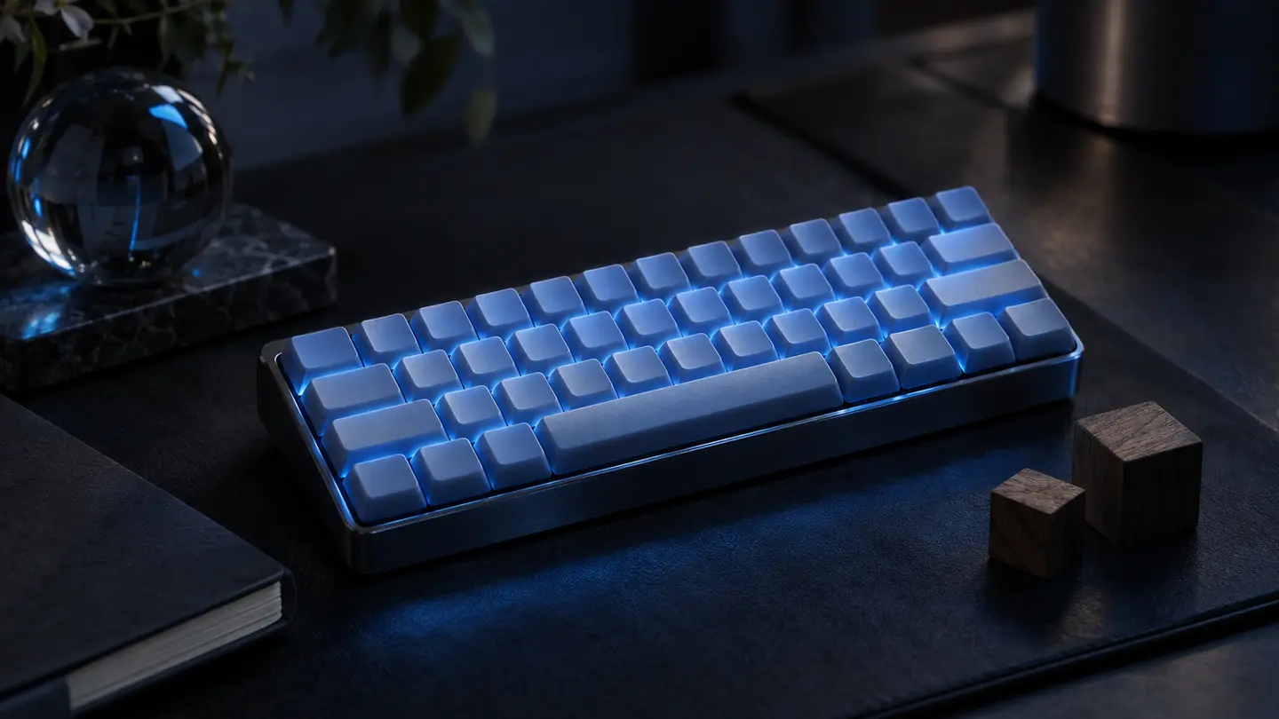 A small keyboard with glowing blue keycaps in blue light.