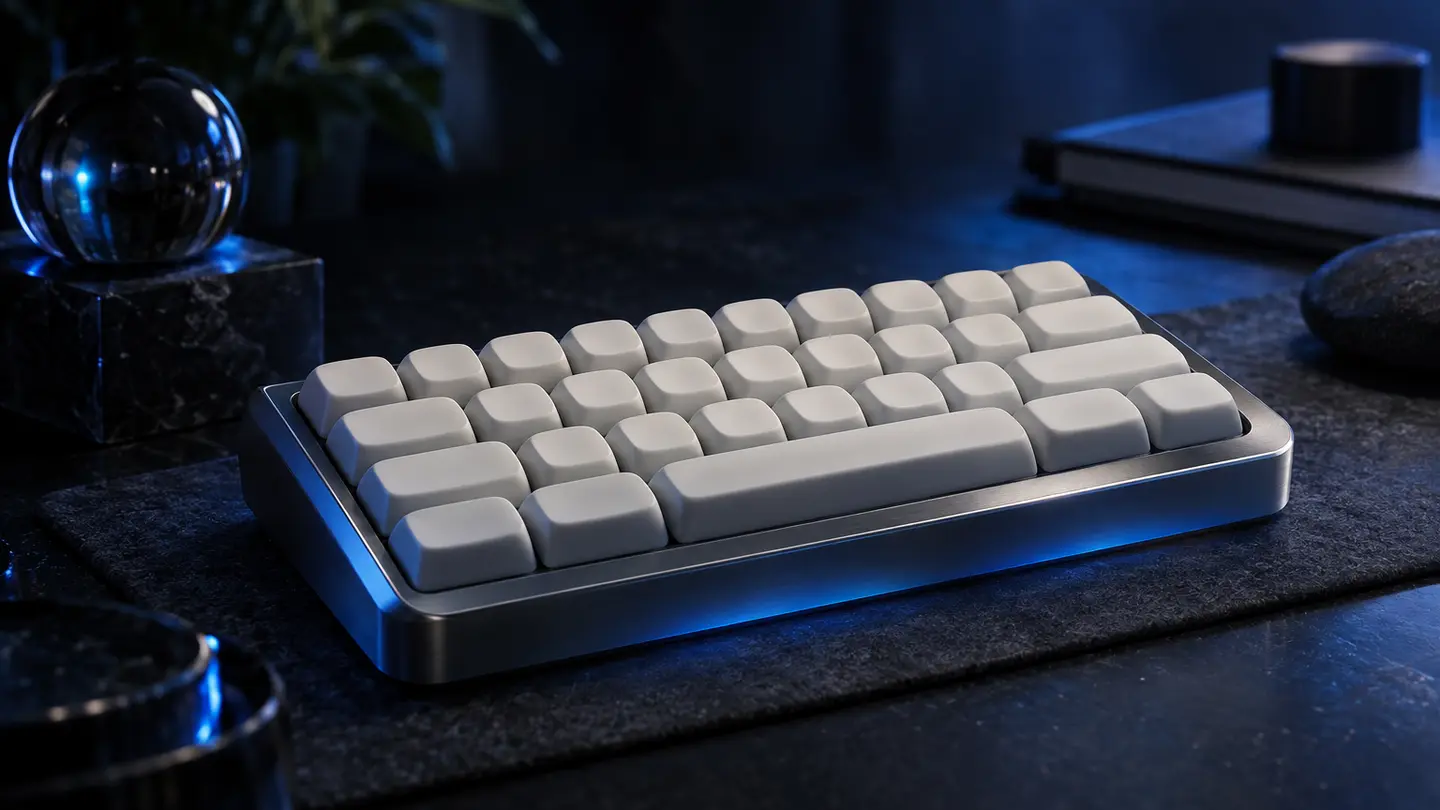 A chunky toy keyboard with large keys in electric blue light.