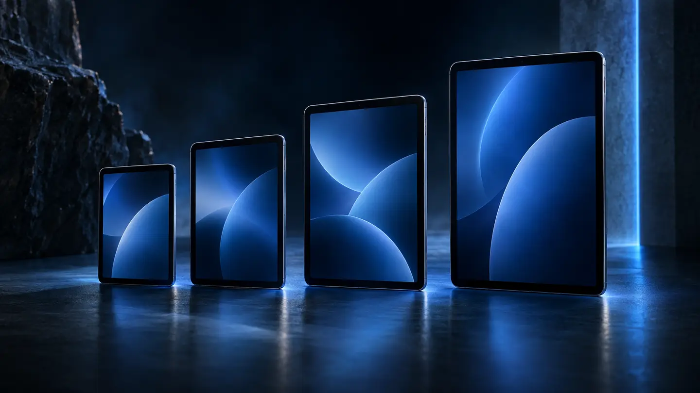 Four tablets in rising sizes in electric blue light.