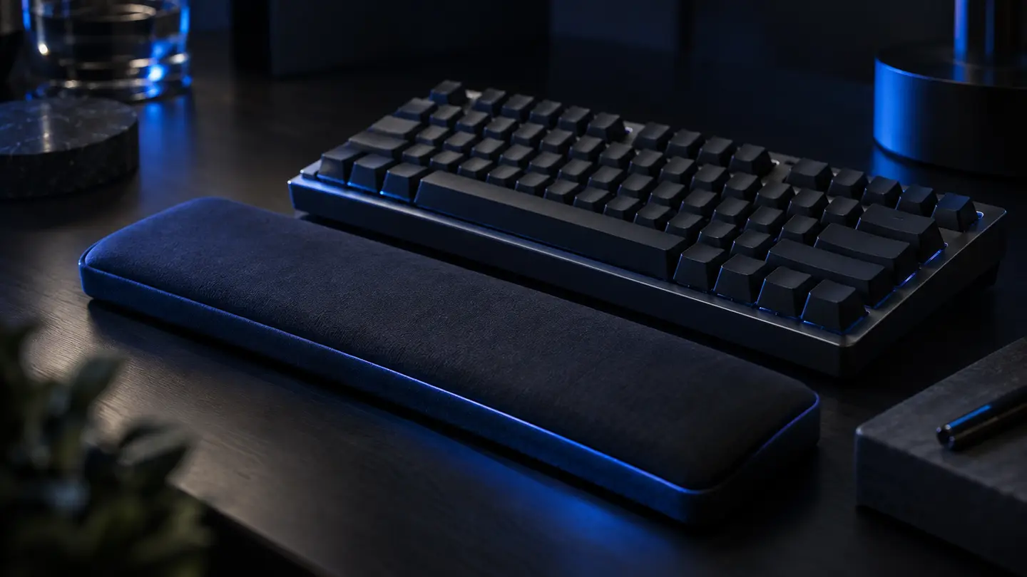 A wrist rest before a compact keyboard in electric blue light.