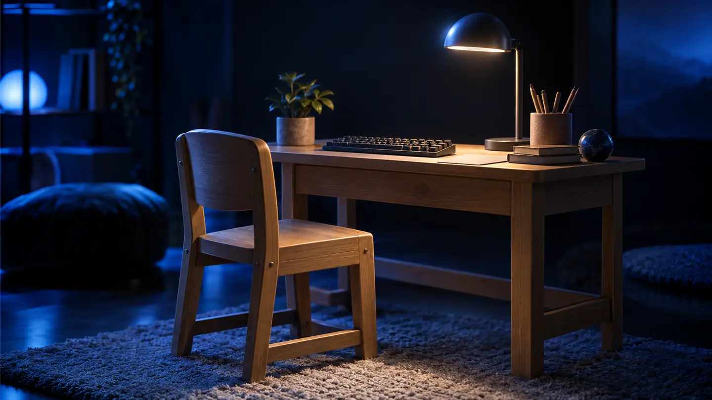 A child-sized chair at a low desk with a keyboard in electric blue light.