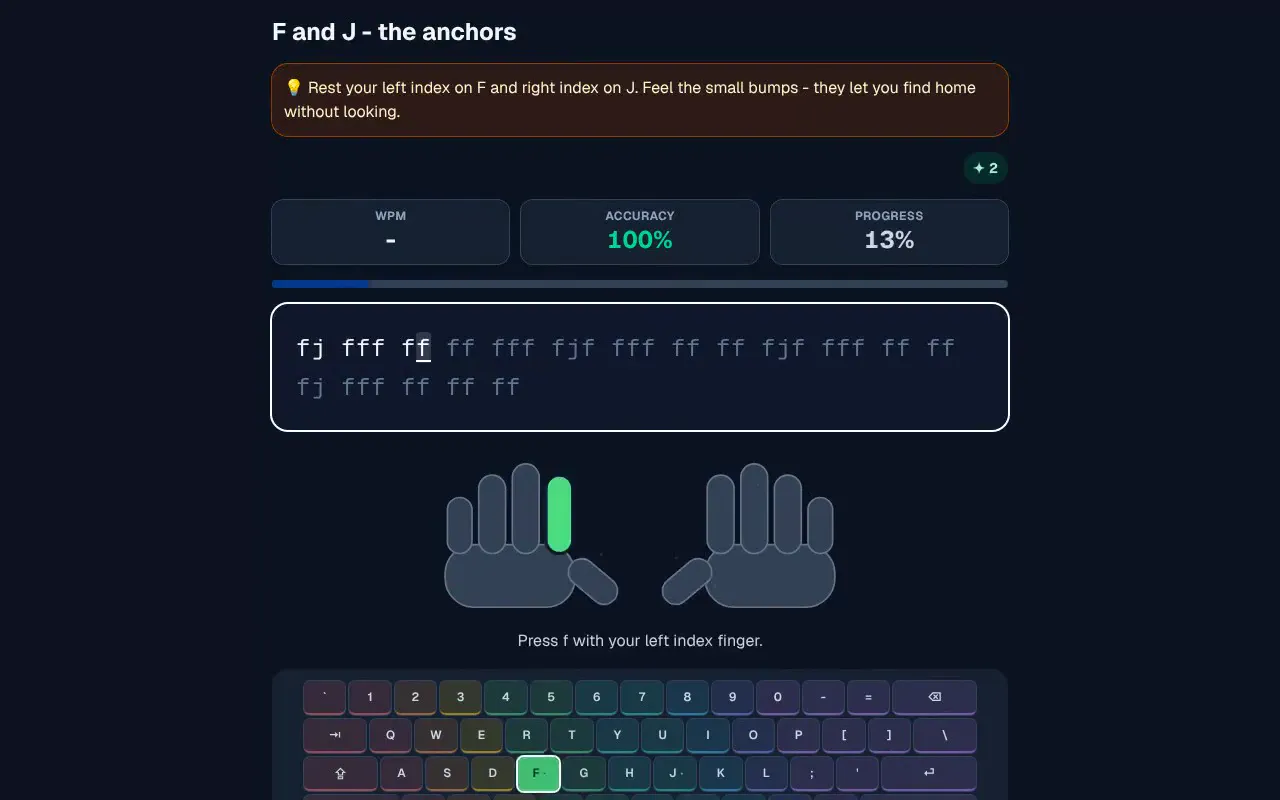A typing lesson: the next letter is lit on the screen, the right finger is lit on the hands, and the speed and accuracy fill in as a child types.