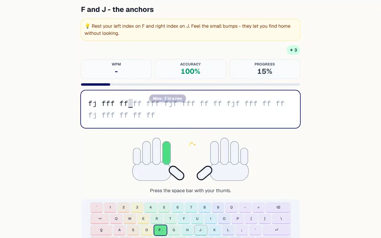A typing lesson: the next letter is lit on the screen, the right finger is lit on the hands, and the speed and accuracy fill in as a child types.