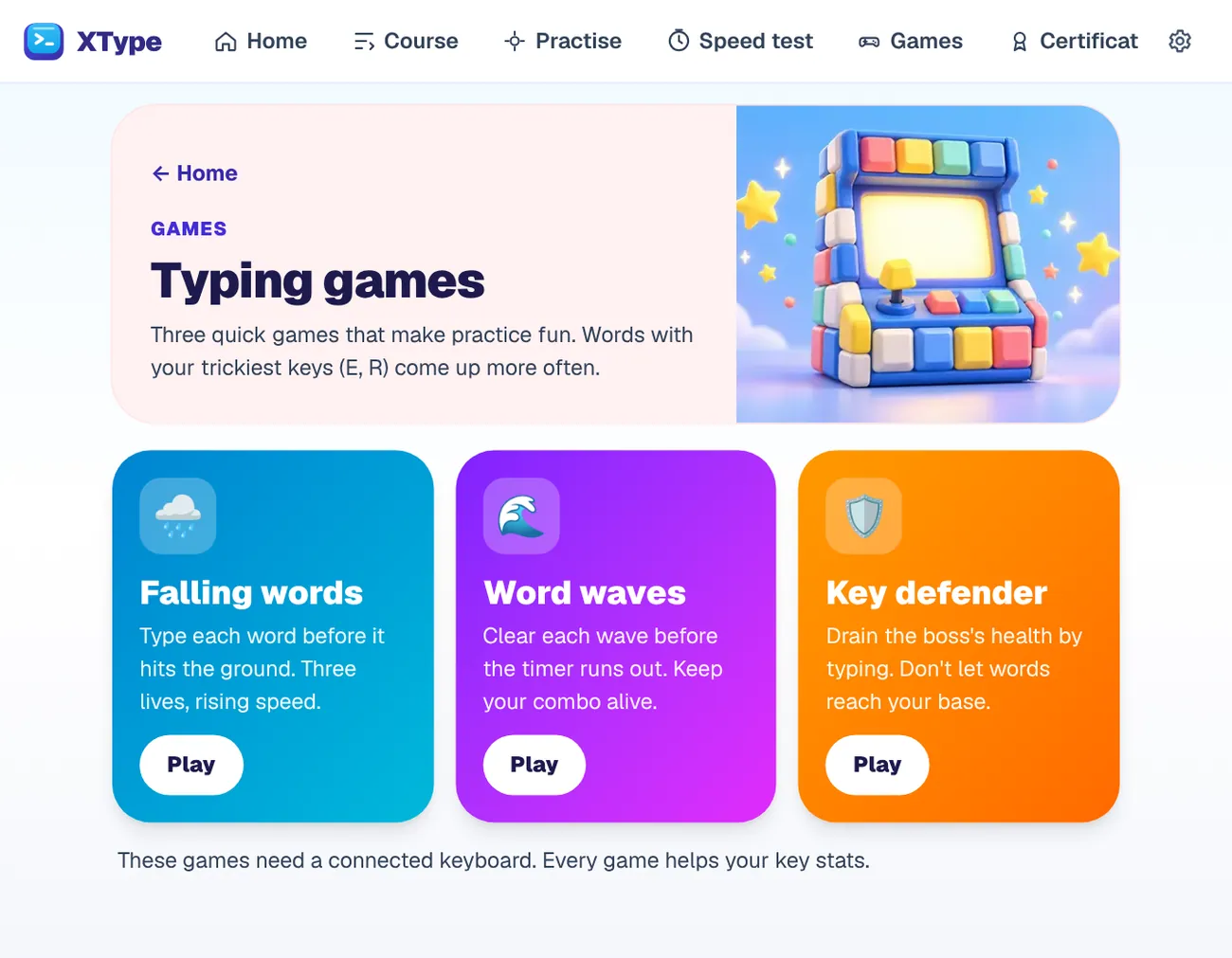 XType's typing games: falling words and other arcade games that pick the keys a child finds hardest.