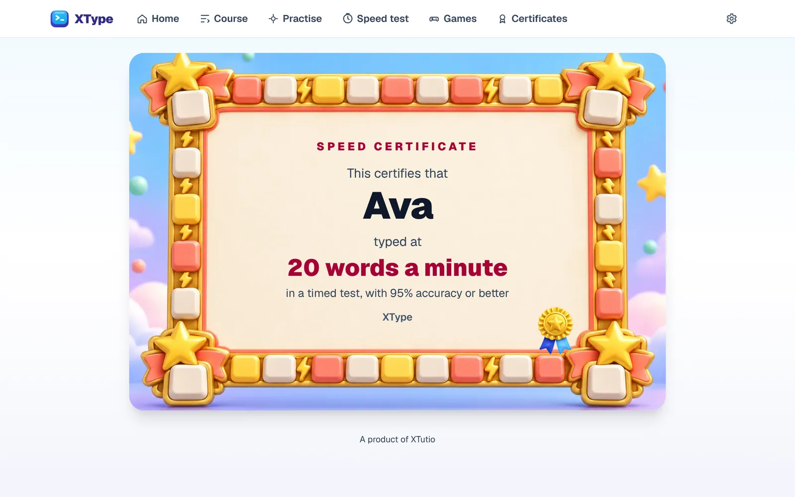 An XType speed certificate for 20 words a minute, ready to print.