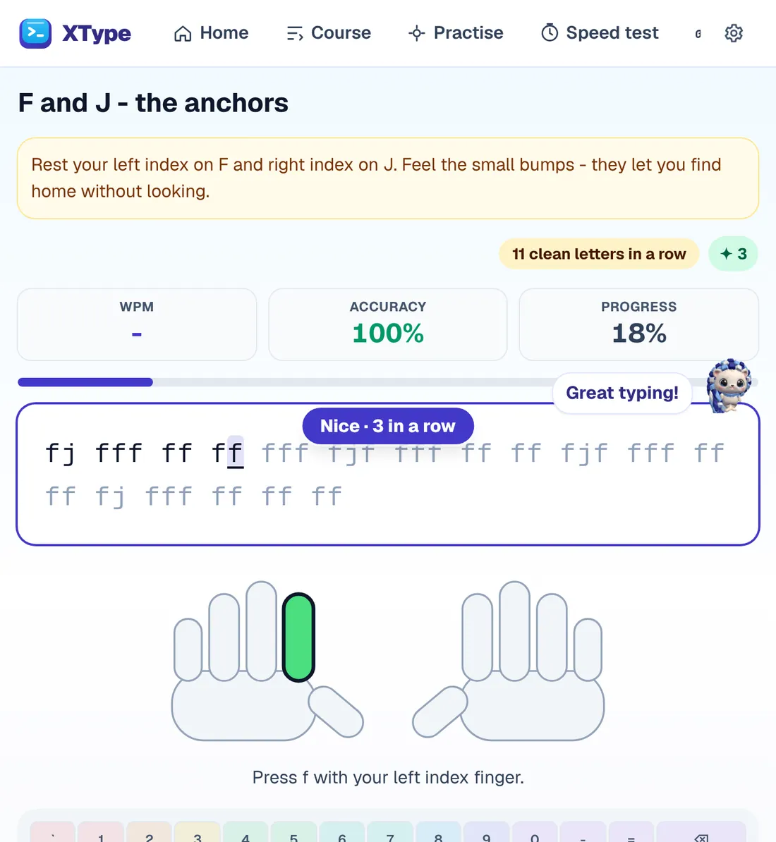 An XType typing lesson on a tablet: the next letter is lit, the right finger is lit on the hands on screen, and the keyboard below shows the finger colour for every key.