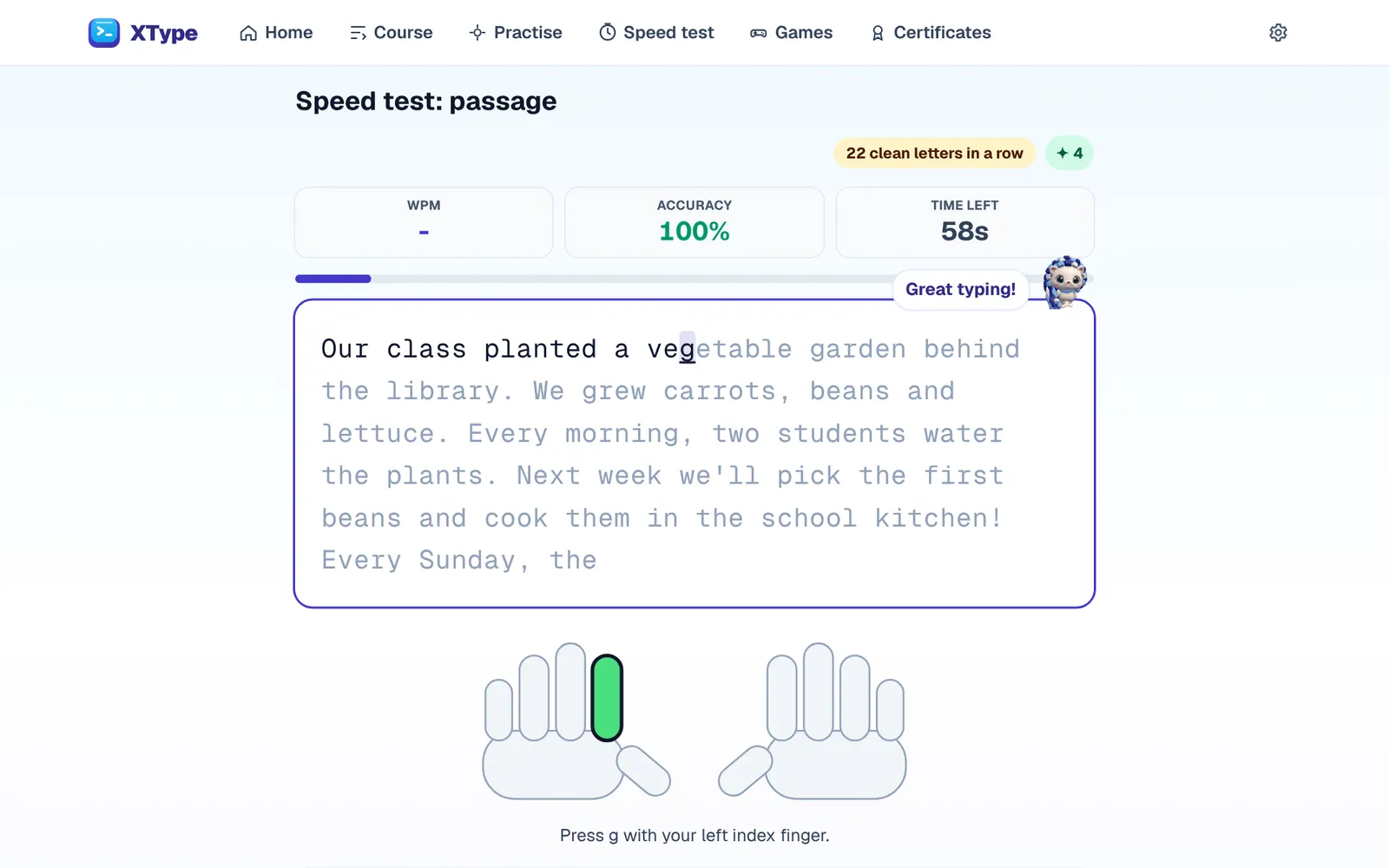 An XType passage test: a short passage to type, the live speed and accuracy, the hands and the keyboard.